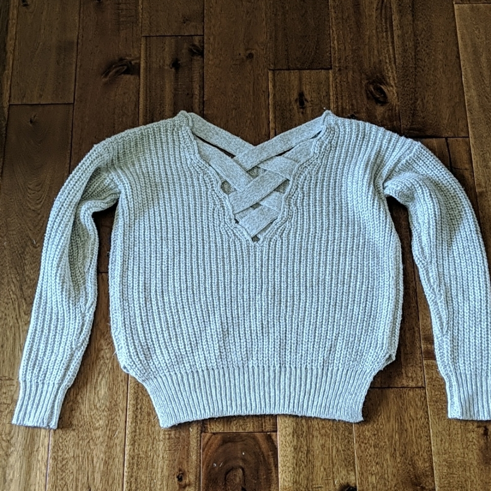 Grey and tan boxy crisscross back sweater - Picture 2 of 5